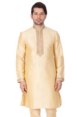 Gold Plain Cotton Silk Men-Kurtas 5