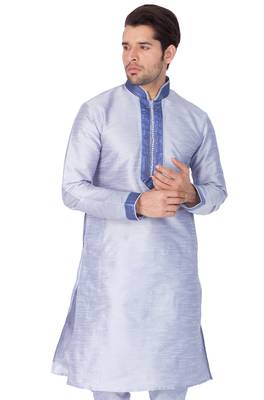 Blue Plain Cotton Silk Men Kurtas 2