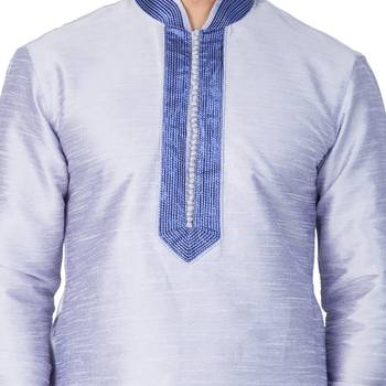 Blue Plain Cotton Silk Men Kurtas 3