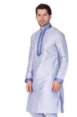 Blue Plain Cotton Silk Men Kurtas 4