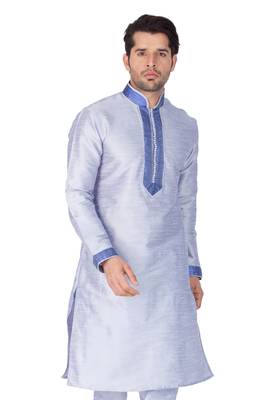 Blue Plain Cotton Silk Men Kurtas 5