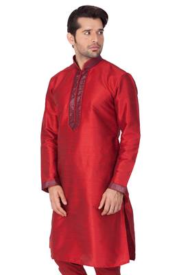 Maroon Plain Cotton Silk Men-Kurtas 4