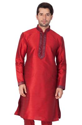 Maroon Plain Cotton Silk Men-Kurtas 5