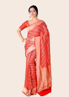 Red hand woven pure chiffon saree with blouse 1
