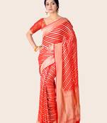 Red hand woven pure chiffon saree with blouse