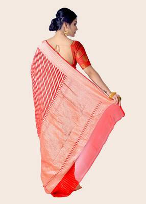 Red hand woven pure chiffon saree with blouse 3