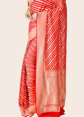 Red hand woven pure chiffon saree with blouse 4