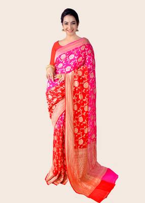 Multicolor hand woven pure chiffon saree with blouse 1