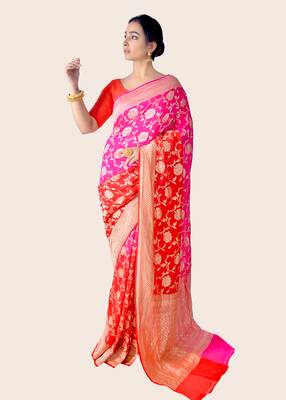 Multicolor hand woven pure chiffon saree with blouse 2