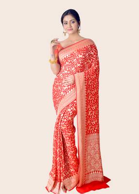 Red hand woven pure chiffon saree with blouse 1