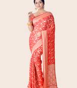 Red hand woven pure chiffon saree with blouse