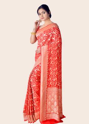 Red hand woven pure chiffon saree with blouse 2
