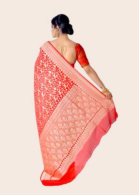 Red hand woven pure chiffon saree with blouse 3