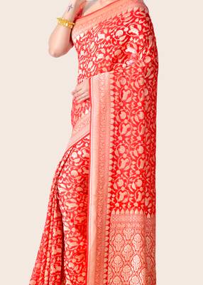 Red hand woven pure chiffon saree with blouse 4