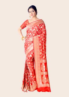 Red hand woven pure katan silk saree with blouse 1