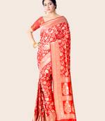 Red hand woven pure katan silk saree with blouse