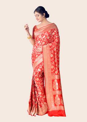 Red hand woven pure katan silk saree with blouse 2