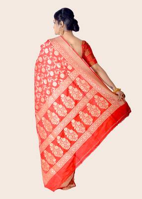 Red hand woven pure katan silk saree with blouse 3