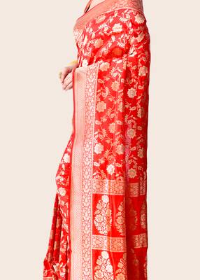 Red hand woven pure katan silk saree with blouse 4