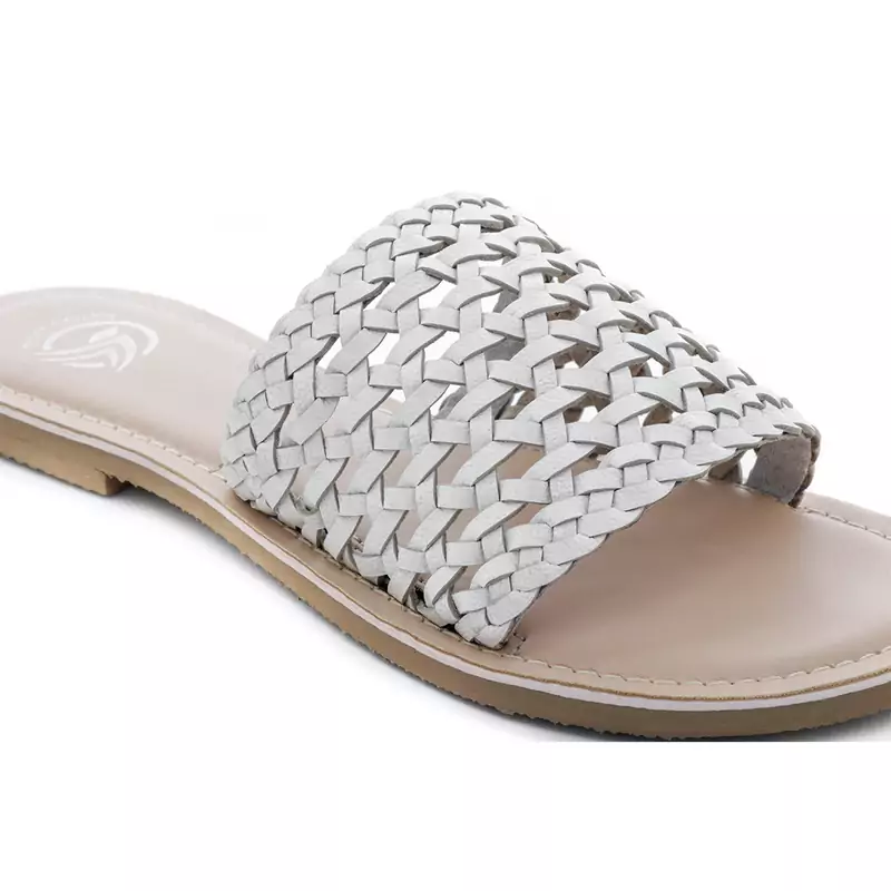 Trends & Trades Womens Hand-Woven Laser Cut Genuine White Leather Flats 