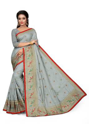 Grey embroidered art silk saree with blouse 1