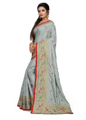 Grey embroidered art silk saree with blouse 2