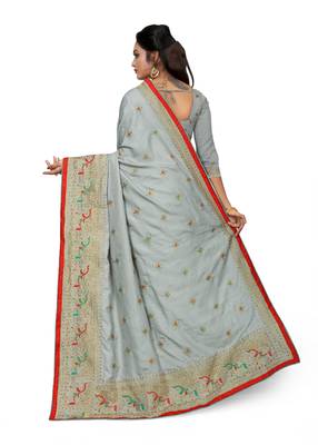 Grey embroidered art silk saree with blouse 3
