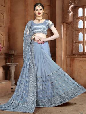 Grey Embroidered Net Saree With Blouse 1