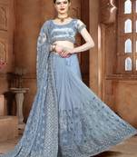 Grey Embroidered Net Saree With Blouse