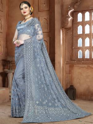 Grey Embroidered Net Saree With Blouse 2