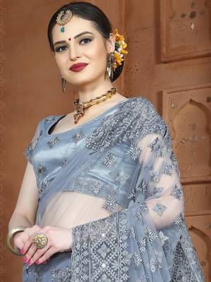 Grey Embroidered Net Saree With Blouse 3