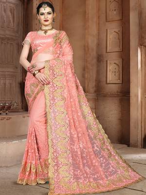 Peach Embroidered Net Saree With Blouse 1
