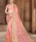 Peach Embroidered Net Saree With Blouse