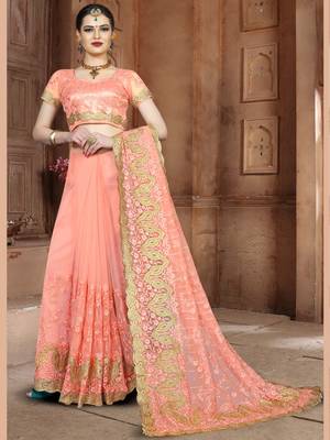 Peach Embroidered Net Saree With Blouse 2