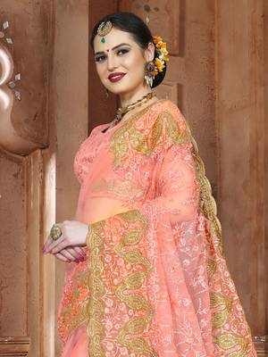Peach Embroidered Net Saree With Blouse 3