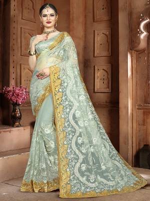 Green Embroidered Net Saree With Blouse 1