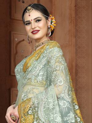 Green Embroidered Net Saree With Blouse 3