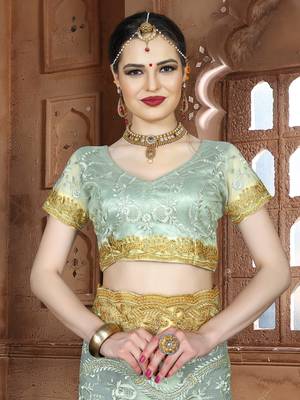 Green Embroidered Net Saree With Blouse 4