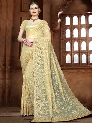Beige Embroidered Net Saree With Blouse 1