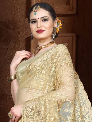 Beige Embroidered Net Saree With Blouse 3