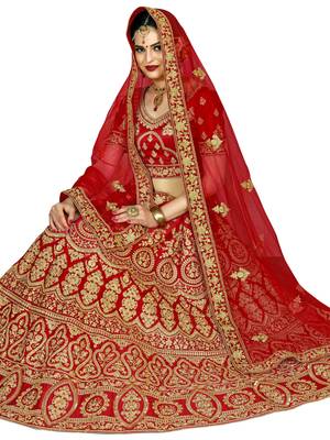 Red Color Silk Embroidered Semi Stitched Lehenga Choli 1