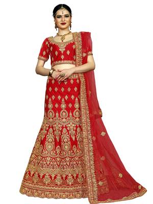 Red Color Silk Embroidered Semi Stitched Lehenga Choli 1