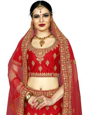 Red Color Silk Embroidered Semi Stitched Lehenga Choli 3