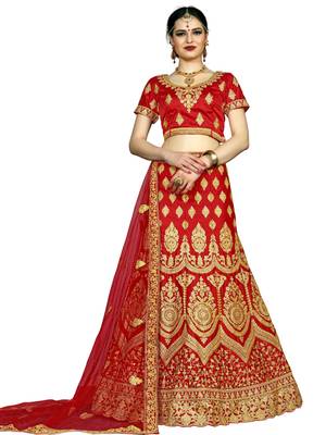 Red Color Silk Embroidered Semi Stitched Lehenga Choli 1