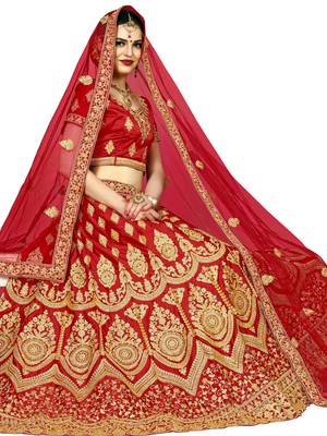 Red Color Silk Embroidered Semi Stitched Lehenga Choli 3