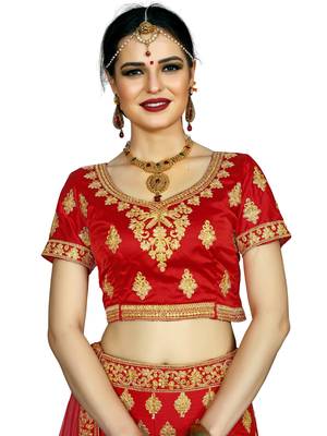 Red Color Silk Embroidered Semi Stitched Lehenga Choli 4
