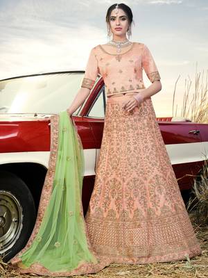 Peach Color Timo Silk Embroidered Semi Stitched Lehenga Choli 1