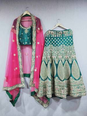 Dark Green Color Naylon Satin Embroidered Semi Stitched Lehenga Choli 4