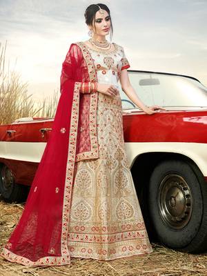 Beige Color Naylon Satin Embroidered Semi Stitched Lehenga Choli 1