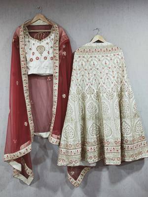 Beige Color Naylon Satin Embroidered Semi Stitched Lehenga Choli 4